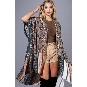 Macchia di Ruggine Kimono Wrap Womens OS Blue Orange Paisley Mixed Print Boho